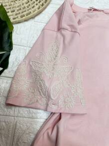 Women's Blouse Cotton T-Shirts With Sleeves And Embroidery FL-161 - 淺粉色 - 查看 3