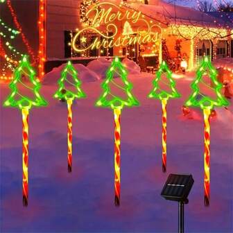 5pcs/1Set Christmas Tree Solar Ground Plug Light, Courtyard Decoration Festive Atmosphere Light, Christmas Lawn Lights, Christmas Candy Tree Pathway Lights For Lawn, Courtyard, Sidewalk, Driveway Decoration Landscape Lighting