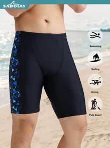 SABOLAY [Spring/Summer] Boyfriend Style Printed Vacation Swim Trunks, Drawstring Elastic Waist Swim Shorts, Professional Racing Training Swim Trunks, Rash Guard - Quick Dry - Chlorine Resistant
