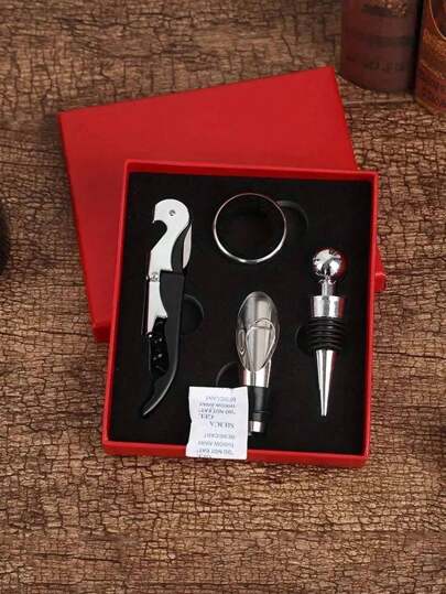 4pcs Stainless Steel Drinkware Set With Gift Box, Pourer, Bottle Stopper, Drip Ring, Premium Barware Tools, Ideal For Christmas, Wedding Anniversary, Birthday Gift