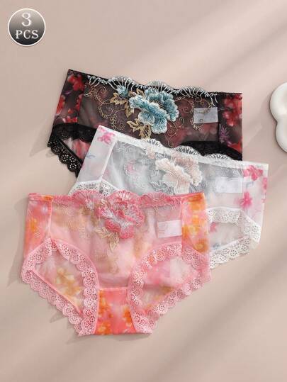 DORSU 3条蕾丝性感刺绣丁字裤，复古宫廷成熟魅力，舒适透气薄纱内衣