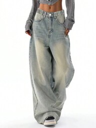 Jeansy Vintage Loose Fit Wide Leg dla nastolatek i nastolatek, swobodny styl prostych nogawek