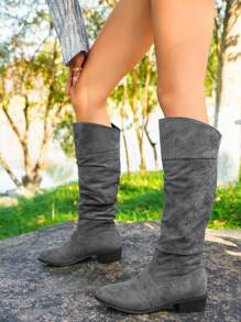 Fall/Winter 2025 Women's Fashionable Faux Suede Pointed Toe Tall Boots, Wrinkle Design Slouchy Boots, Minimalist Stylish Versatile Dress Boots, Mid-Heel Chunky Heel Over-The-Knee Boots