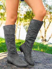 Fall/Winter 2025 Women's Fashionable Faux Suede Pointed Toe Tall Boots, Wrinkle Design Slouchy Boots, Minimalist Stylish Versatile Dress Boots, Mid-Heel Chunky Heel Over-The-Knee Boots