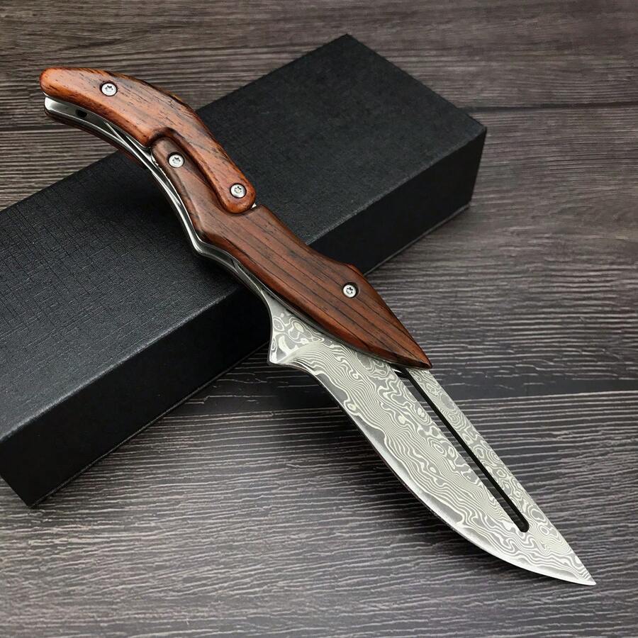 Damascus Steel Mechanical Folding Knife Master Sandalwood Handle Outdoor Survival Blade Sharp, High Hardness, High Quality Christmas Gift - Total length 23.6cm Blade length 9.3cm Handle length 14.3cm - 查看 1