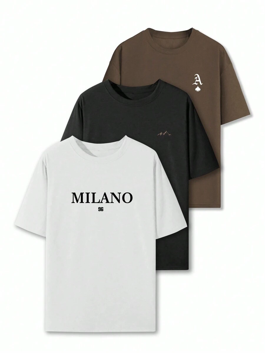 3pcs/Set Men's Casual Graphic Print Round Neck Short Sleeve T-Shirts, Summer Tee - Multicolor - View 1