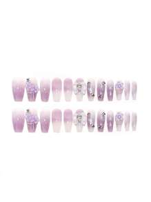 24pcs Purple Press On Nails Medium Coffin Fake Nails Purple And White Gradient Acrylic Nails With 3D Flower Bowknot And Rhinestone Design Glossy Glue On Nails For Women Girls