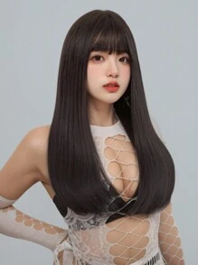 1 Mảnh Tóc Giả Tổng Hợp Chịu Nhiệt Thẳng Tóc Mái Màu Đen 24 Inch Dệt Máy Toàn Bộ Tóc Giả Tự Nhiên Thực Tế Hàng Ngày - Nâu đen - Xem 3