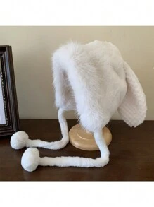 1 pezzo Berretto di lana in pile di poliestere di colore solido con orecchie da coniglio, cappello invernale caldo e soffice con paraorecchie e coprinucca, adatto per raduni e attività all aperto