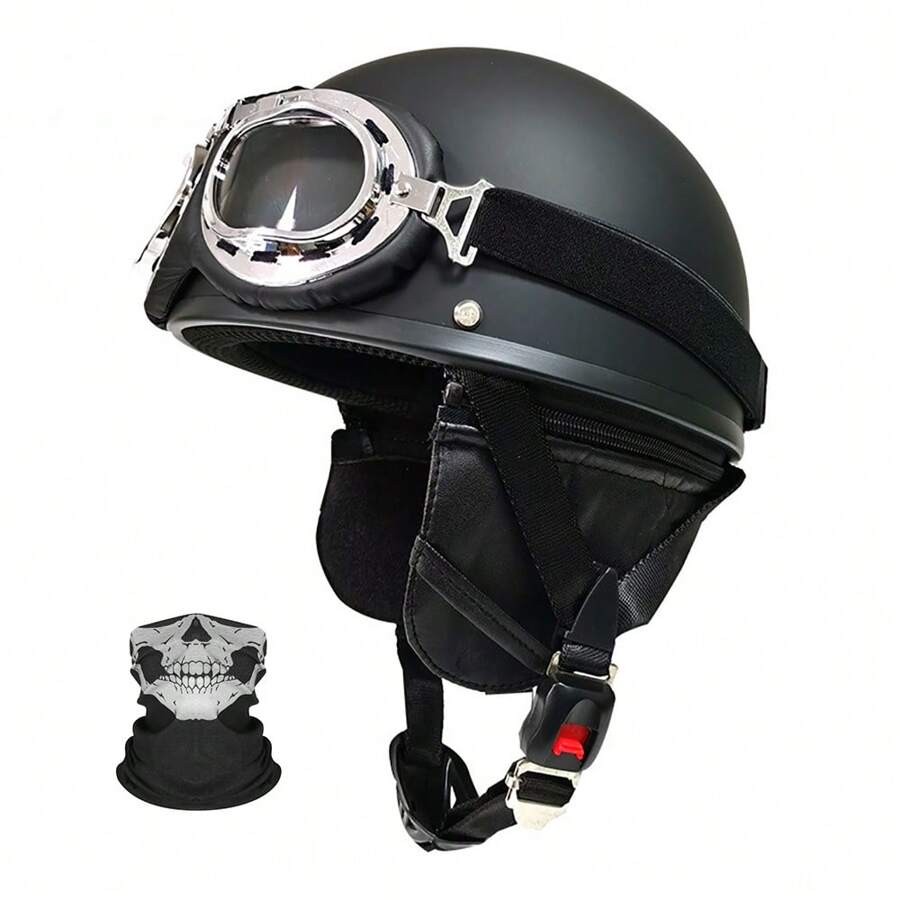 CHCYCLE Mũ bảo hiểm nửa đầu xe máy, Mũ bảo hiểm xe máy cổ điển kiểu Đức dành cho nam nữ, Mũ bảo hiểm cho người lớn đi xe tay ga ATV có kính bảo hộ - Màu đen mờ - Xem 1