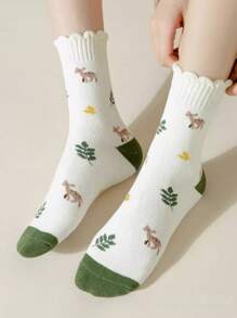 5 Pairs Women's Warm Thickened Plush Lined Socks With Floral, Deer, Striped Patterns, Comfortable For Sports, Home, Casual, Commute In Autumn/Winter