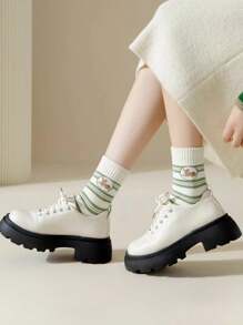 5 Pairs Women's Warm Thickened Plush Lined Socks With Floral, Deer, Striped Patterns, Comfortable For Sports, Home, Casual, Commute In Autumn/Winter