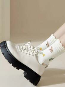 5 Pairs Women's Warm Thickened Plush Lined Socks With Floral, Deer, Striped Patterns, Comfortable For Sports, Home, Casual, Commute In Autumn/Winter