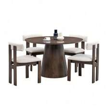 (1 Table With 4 Chairs)Wooden Dining Table Set, Modern Round MDF Kitchen Table And Boucle Upholstered Dining Chairs For Dining Room, Kitchen, Saving Space, Dark Brown,HomeNest9