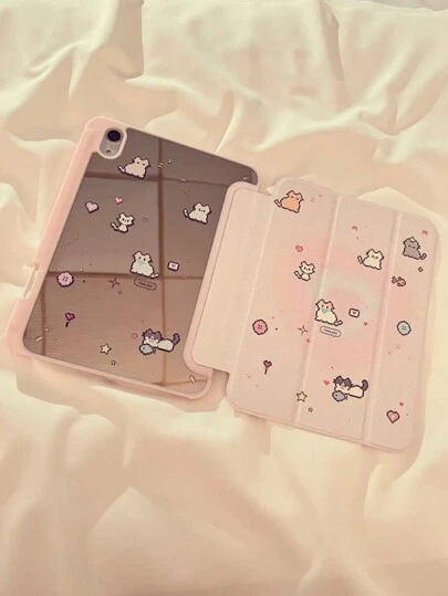 1pc Lovely Pixel Cat Heart Print Acrylic Transparent Crystal Back Cover, Anti-Drop Case Supports Sleep/Wake Compatible With IPad, ,