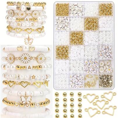 1000pcs DIY Daisy Delight Jewelry Making Kit - Unique Charm Designs, Shiny Golden Spacers, Lustrous Pearls & Personalized Alphabet Beads For Crafting Stylish Bracelet Accessories