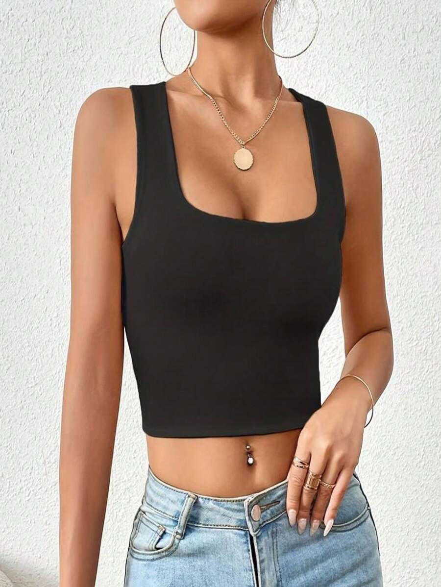 Women's Cropped Top Square Neck Tank Top Foreign Fashion - - màu đen - Xem 1