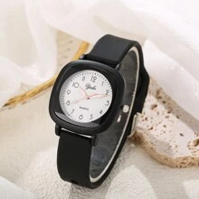 1 件女士简约方形数字硅胶表带校园风格手表 - 黑色 - 查看 19
