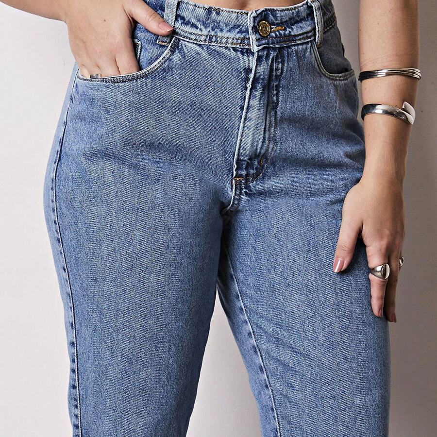 Women's Premium Marbled Mom Jeans With Shaping Effect - 中等水洗藍 - 查看 1