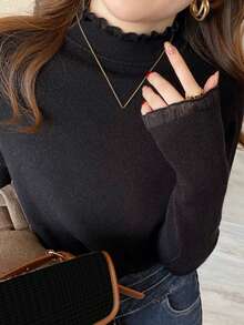 Alicedudu Suéter de cuello alto con volantes de unicolor para mujer - Negro - Ver 6
