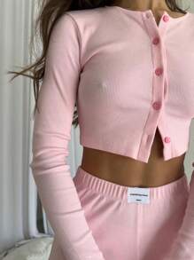 2pcs Women Autumn Solid Color Casual Fashion Minimalist Round Neck Single Breasted Long Sleeve Top & Elastic Waist Shorts Lounge Wear Pajama Set, Suitable For Homewear, Two Pieces Set, Fall Winter Clothes