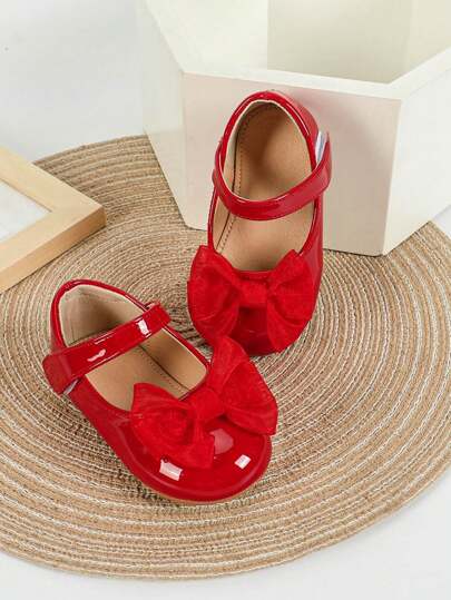 1 Pair Girl/Toddler Flat Comfortable PU Princess Shoes With Ribbon Decor, Cute For Outdoor