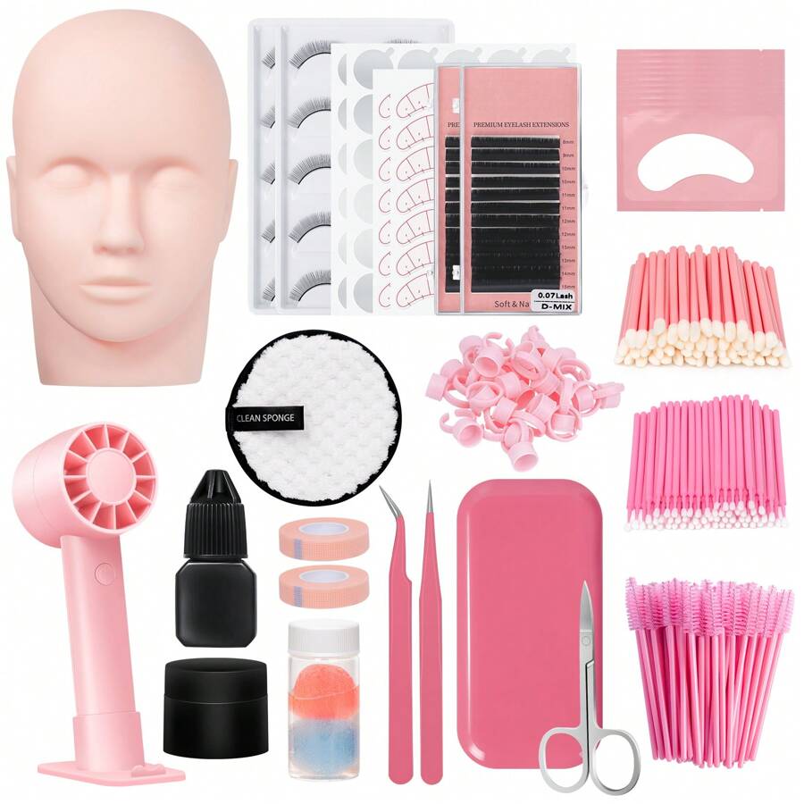 Kit de extensión de pestañas con cabeza de maniquí, kit de pestañas para principiantes, abanico de pestañas, suministros y herramientas para extensión de pestañas para práctica y entrenamiento de maquillaje - Multicolor - Ver 1