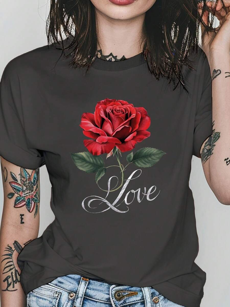 Red Rose With Love Women's Tshirt Comfort Fit - Màu xám đen - Xem 1