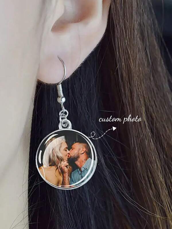 Custom Photo Drop Earrings - Personalized Image Glass Dome Dangle Earrings, Hip Hop/Party Style Zinc Alloy - Non-Plated Ear Needle For Daily & Gifting, Unisex Custom Jewelry Gift