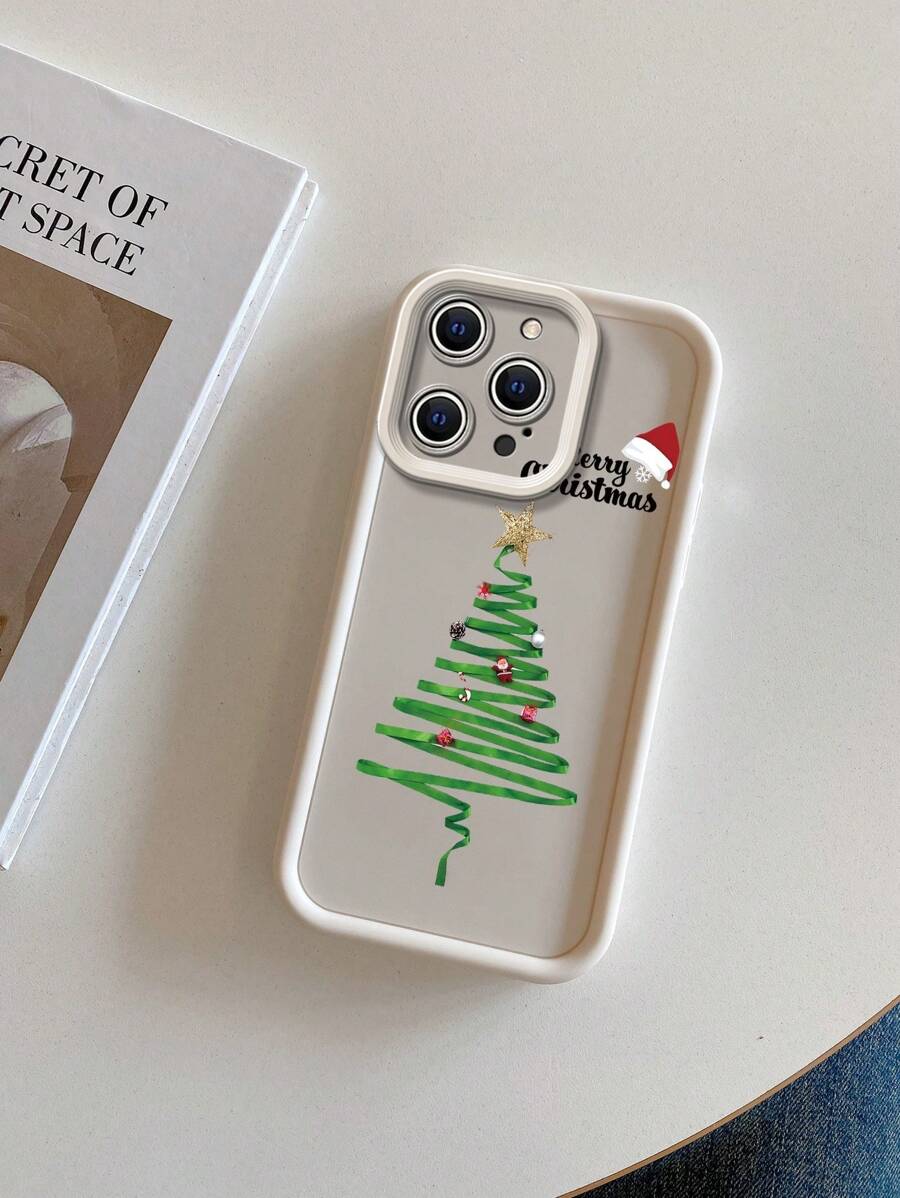 1pc Christmas Ribbon Tree Creme Sand Textured Phone Case Compatible With Apple///Redmi/Infinix/Vivo - Beige - View 1