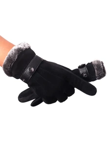 男士保暖内衬骑行手套，冬季保暖，厚 PU 皮革和毛皮，适合摩托车和山地运动，冬季暖手器