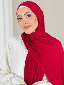 1pc Soft Solid Color Silk Blend Jersey Hijab Headscarf,Beach,Holiday,Travel Essential,Holiday - Red - View 3
