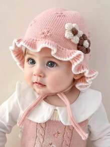 1pc Baby Cute Flower Ruffle Winter Warm Outdoor Cold-Proof Ear Ion Princess Knitted Bonnet Hat - 1PC - View 8