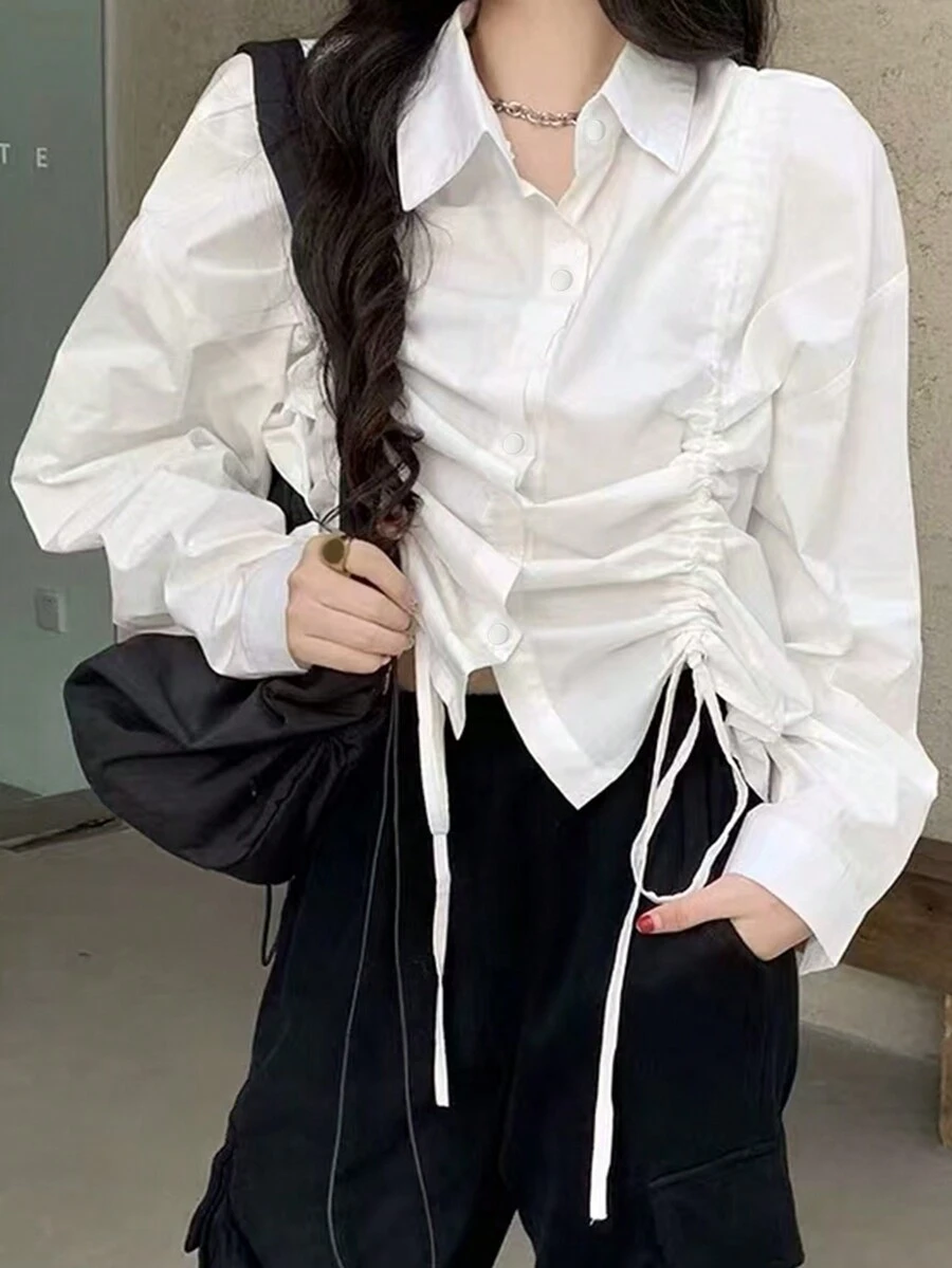 Áo sơ mi nữ tay dài màu trơn, vai rớt, có dây rút phía trước, kiểu dáng thường ngày, thích hợp cho mùa thu và xuân. - trắng - Xem 1