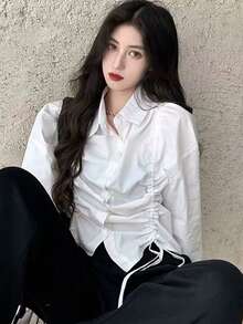 Áo sơ mi nữ tay dài màu trơn, vai rớt, có dây rút phía trước, kiểu dáng thường ngày, thích hợp cho mùa thu và xuân. - trắng - Xem 2