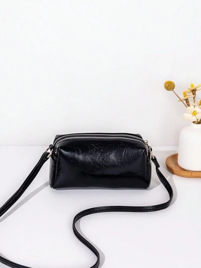 1 件女士纯色金属光泽蜡涂层皮革斜挎包，双拉链单肩小方包