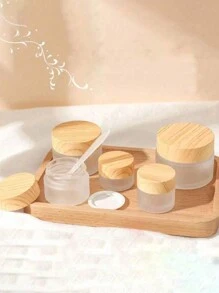 1 pieza Tarro de vidrio esmerilado para crema de ojos de 5/20/30/50g con tapa de grano de madera, botella reutilizable para decoración del hogar, sala de estar, dormitorio, baño, crema facial, crema de ojos, loción, botella de cosméticos, recipiente de viaje, almacenamiento portátil