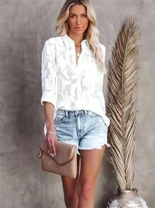 Women's Elegant Long Sleeve Stand Collar Textured Button Down Shirt Blouse, Suitable For Elegant Summer, Women's Spring Summer Clothing, French Summer Lightweight Shirt, Women's Beach Cover-Up For Summer, Business Casual Women Shirt - White - View 5