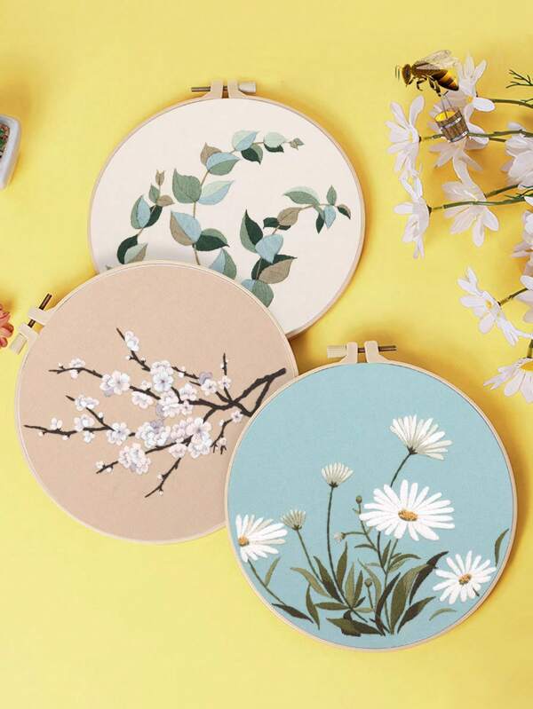 1 Set Hand-Embroidered DIY Kit With Embroidery Hoop Tool, Floral Series Decorative Art, Hand-Embroidered Wall Hanging Or Desktop Decor, Random Color Embroidery Thread