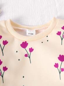 2 件套女婴可爱花卉印花长袖运动衫和保暖内衬慢跑裤套装，秋冬 - 玫紅色 - 查看 3