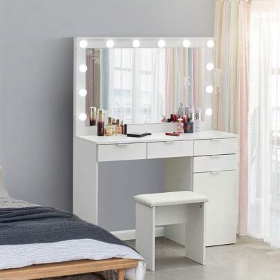 CLIPOP White Large Dressing Table With LED Light Mirror And Stool, Vanity Makeup Table W/ 4 Drawers 1 Closed Storage, Bedroom Makeup Desk Dresser For Girls Women