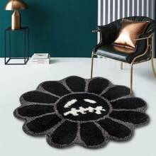 1pc Round Halloween Tufted Area Rug With Retro Sunflower Art Design - WeRugz Non-Slip, Washable, Fluffy Medium Pile Carpet For Living Room And Bedroom, Machine Washable, Rubber Backed - Black - View 1