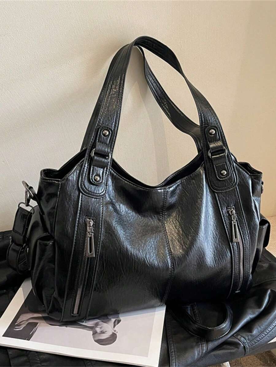 Túi Tote Phong Cách Đường Phố Punk Cho Nữ, Túi Xách Đeo Vai Thời Trang Cá Nhân Nhiều Ngăn Dung Lượng Lớn Màu Đen - Xem 1