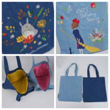 Denim Tote Bag,Black Cat Shopping Bag,Reusable Shoulder Bag,Handmade Fall Winter Bags