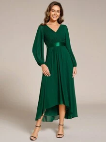 EVERPRETTY Elegant V-Neck Lantern Sleeve Pleated Bridesmaid Dress