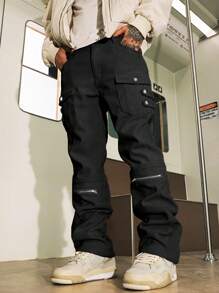 DK-MB Men High Street Vintage Cargo Pants, Corduroy Slim Fit Flared Leg, Street Niche Multi-Pocket Casual Motorcycle Deconstructed Patchwork Cargo Pants - Black - View 1