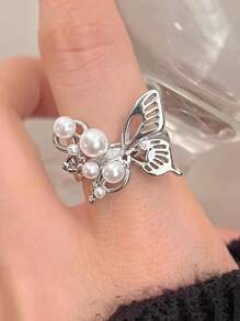 CVNANA 1 chiếc nhẫn bướm ngọt ngào dành cho phụ nữ, nhẹ nhàng và thanh lịch, nhẫn mở ngọc trai giả, nhẫn ngón trỏ thời trang - Bạc - Xem 2