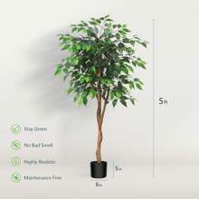 6 Feet Artificial Ficus Tree - Fake Silk Plants With Lifelike Leaves And Natural Wood Trunk - Faux Potted Tree For Indoor Home Decor