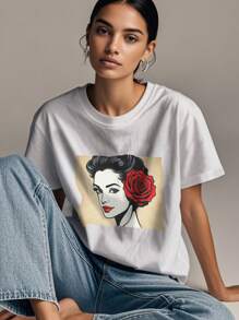 Women's Print Short Sleeve T-Shirt, MADE IN USA,  Fast Shipping, Black & White Shirt, 180gsm Shirt, Crew Neck Short Sleeve T-Shirt, Breathable & Comfortable Casual Sports Fitness Tee, Casual Vintage Style, Suitable For Summer, Beach Holiday Crew Neck Short Sleeve Casual T-Shirt, Summer Tee - White - View 3