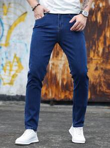 2 条装 男士纯黑色弹力紧身牛仔裤 修身长款休闲裤 水洗深蓝色牛仔裤 纯黑色休闲街头风格 时尚百搭